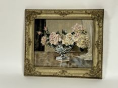 William Johnston, Still life of roses in a vase, gouache on linen, signed bottom left, framed. (