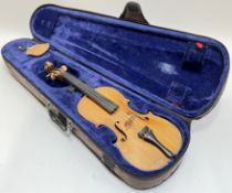 A vintage 3/4 size satinwood violin of two-piece back construction, together with a case