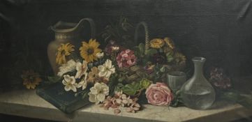 Dhuie Russell, A 20thc Still Life of a floral bouquet with various household items on table, oil