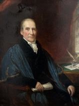 A 19thc English School Portrait of a seated gentleman wearing a blue robe with fur lining and a