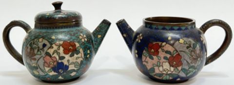 Two early Meiji period (1870s) Japanese cloisonné enamel miniature teapots decorated in doro enamels