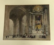 Signed indistinctly, Interior of Antwerp Cathedral, pencil and watercolour, signed below, in a