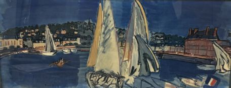 Raoul Duly (French 1877-1953), "Deauville, Drying the sails", print, framed. (30.5cmx74.5cm)