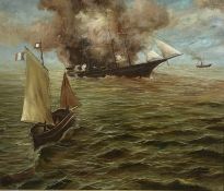 Robert.T. Hayes, French sailboat at sea, ship to background under fire, acrylic on board, signed