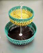 A  Marni Market  Accessories turquoise two tier woven cast white enamel fruit basket with central