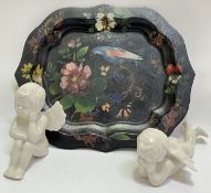 A Victorian/Edwardian toleware dish painted with birds and flowers (w- 25cm), together with two