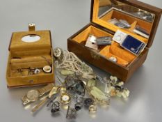 A camphor wood style kist jewellery box and yellow plush jewellery box containing a collection of