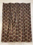 A pair of Wine and Navy Paisley pattern lined cotton pencil pleat curtains, (Drop 295cm, each