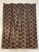 A pair of Wine and Navy Paisley pattern lined cotton pencil pleat curtains, (Drop 295cm, each