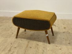 A 1960s sewing stool, upholstered in yellow fabric, with hinged lid and standing on turned,