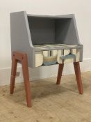A painted bedside table, fitted with a drawer and raised on four splayed supports. H57cm.