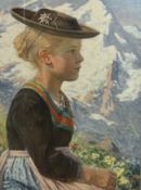 Hedwig Von Schlibien (German 1882-1972), s`Reserl, a portrait of a young Swiss girl with mountains