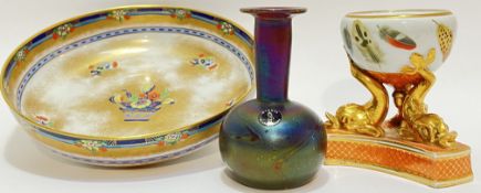 A mixed lot comprising a Chamberlains Worcester tripod pot (missing lid) modelled with three gilt
