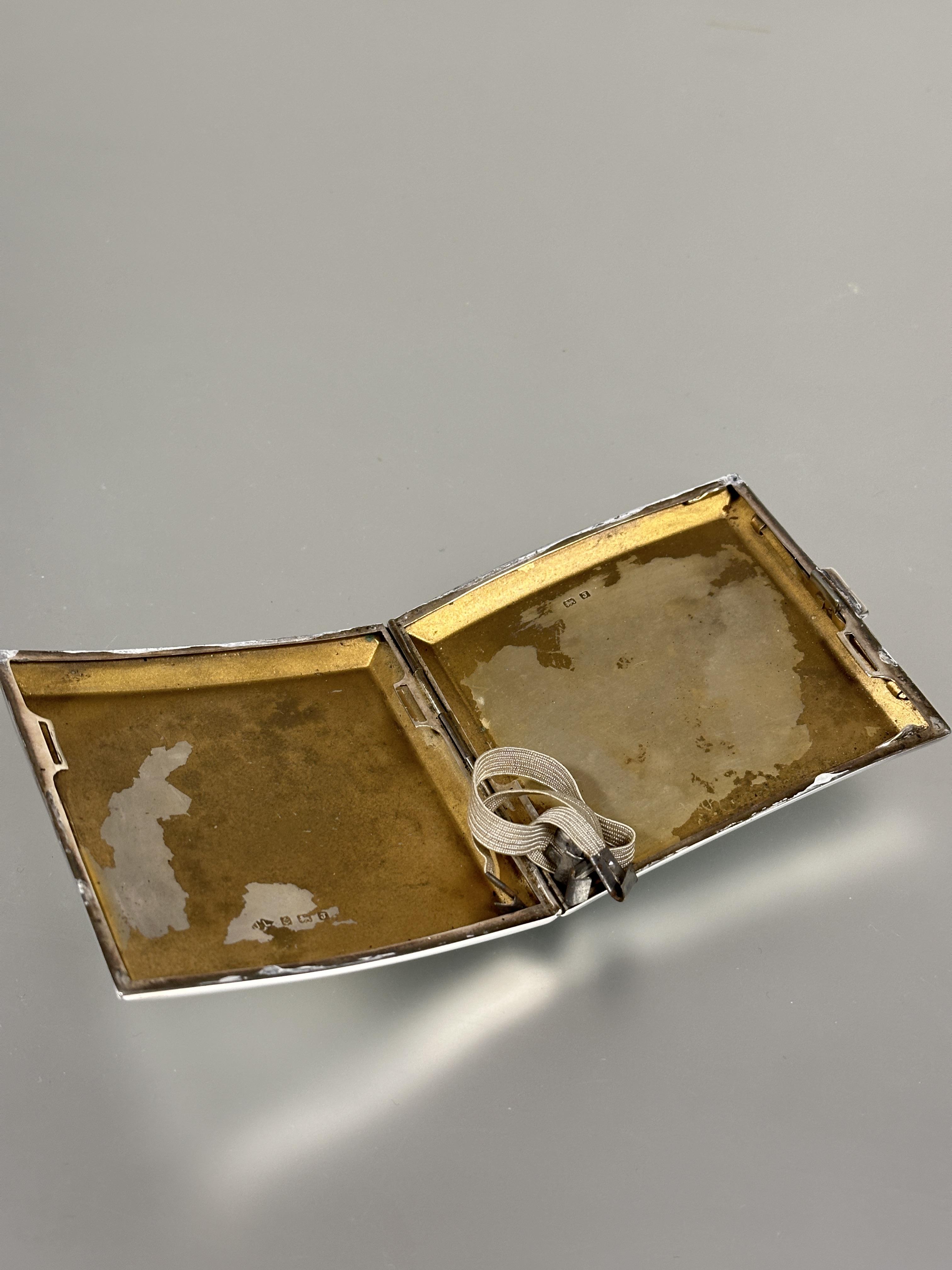 A Birmingham silver cigarette case of square curved pocket design with Art Deco engraved and - Image 3 of 3