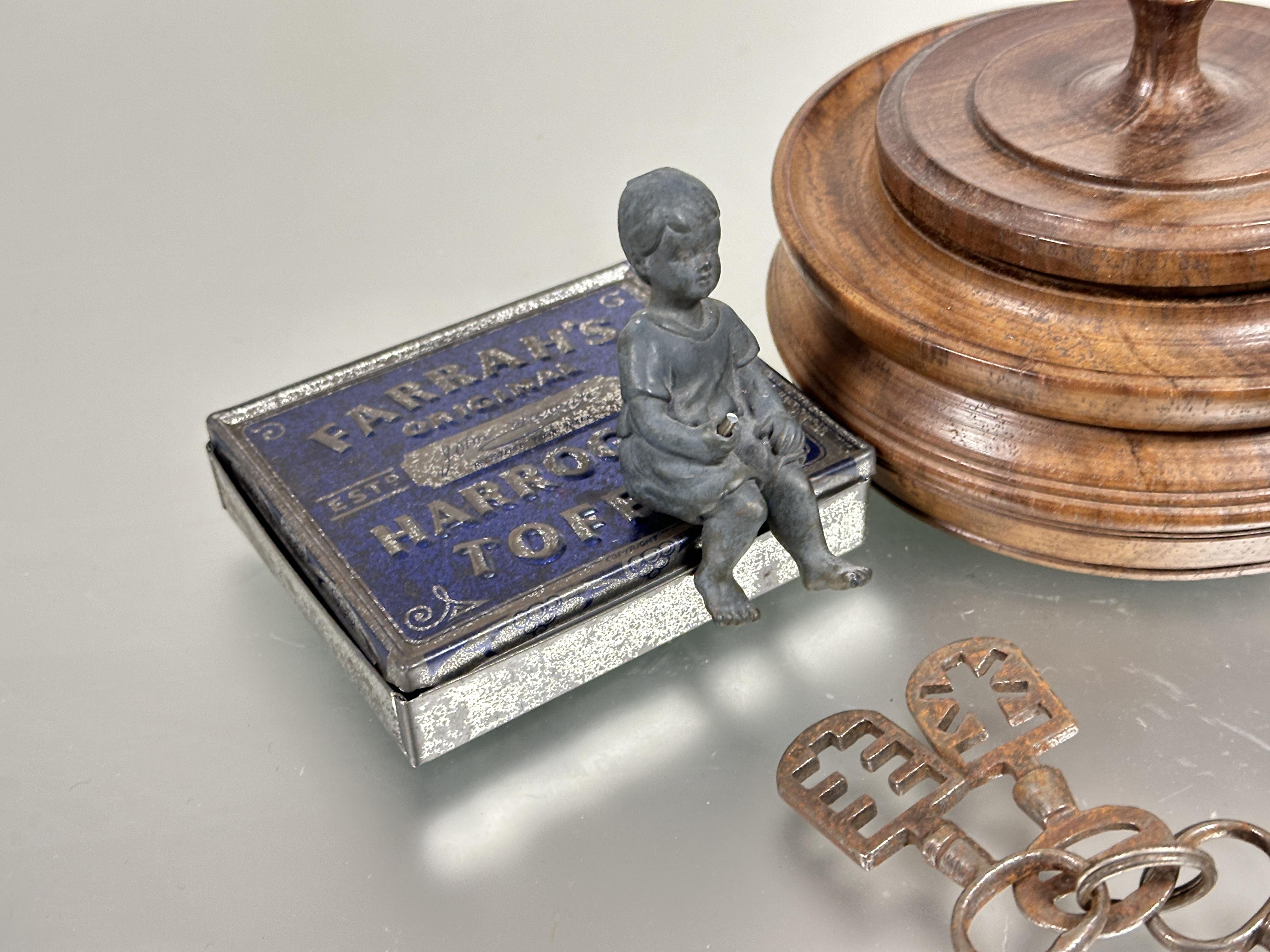 A treen carved circular dish and cover H x 10cm D x 14cm, a spelter seated child figure H x 7.5cm, a - Image 2 of 3