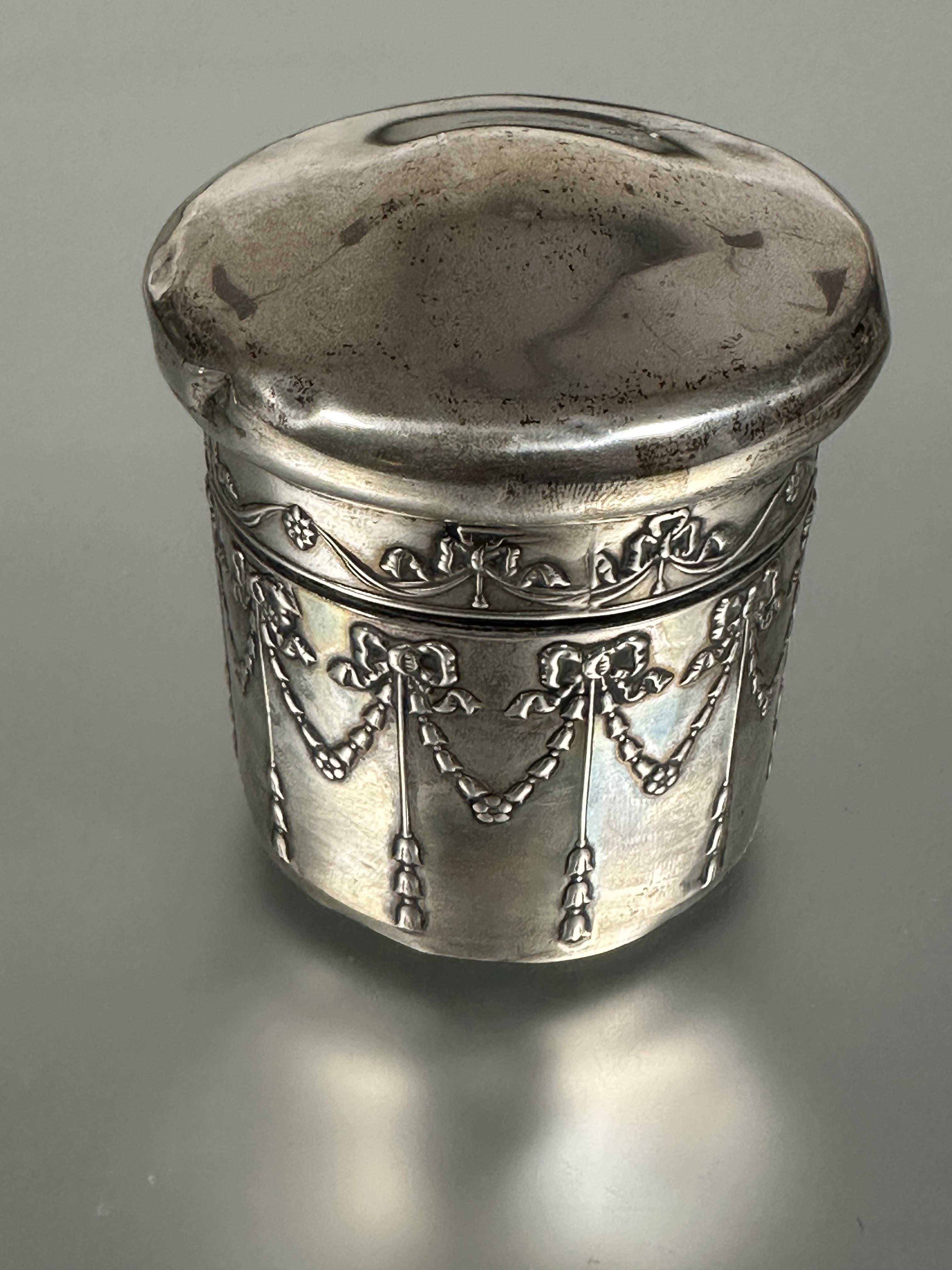 A Edwardian silver dressing room jar and cover the domed top with Adam style ribbon and floral swags - Image 2 of 4