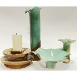 A group of studio pottery comprising three waved-edge green/turquoise glazed candle holders (tallest