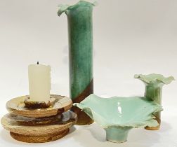A group of studio pottery comprising three waved-edge green/turquoise glazed candle holders (tallest