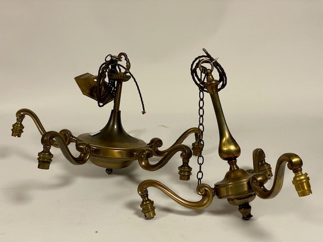 A Vintage cast gilt metal five branch chandelier, with braided flex, chain and rose, (W50cm)