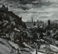 James Chisholm (Scottish 1917-?), "Spires of Edinburgh", acrylic on paper, signed and dated '85