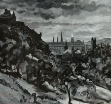 James Chisholm (Scottish 1917-?), "Spires of Edinburgh", acrylic on paper, signed and dated '85