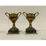 A pair of brass garniature urns, early 20th century, each on variegated marble bases with paw