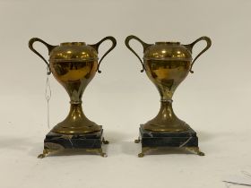 A pair of brass garniature urns, early 20th century, each on variegated marble bases with paw