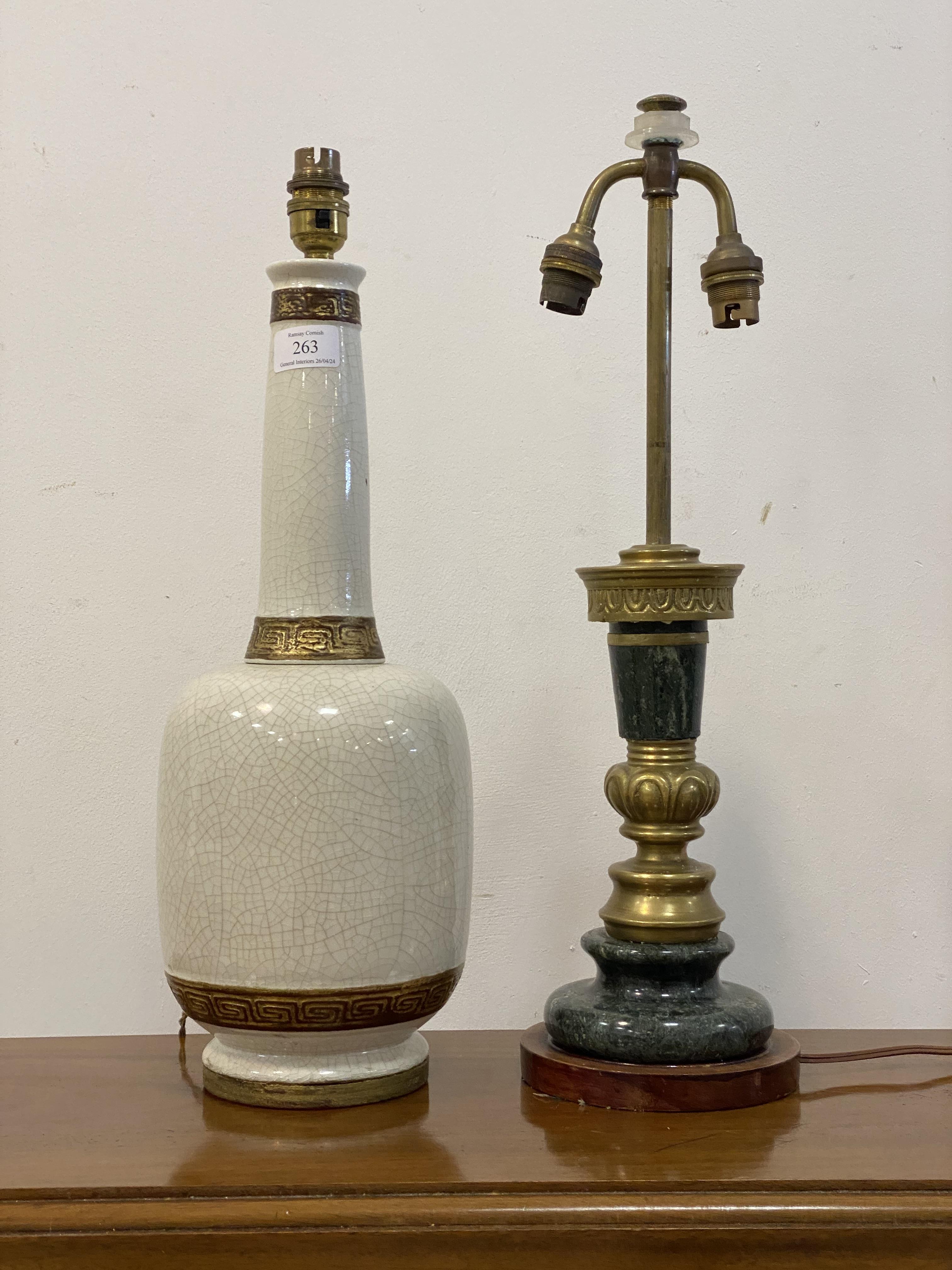 A Vintage cast brass and marble twin branch lamp base, (H51cm) together with a white crackle