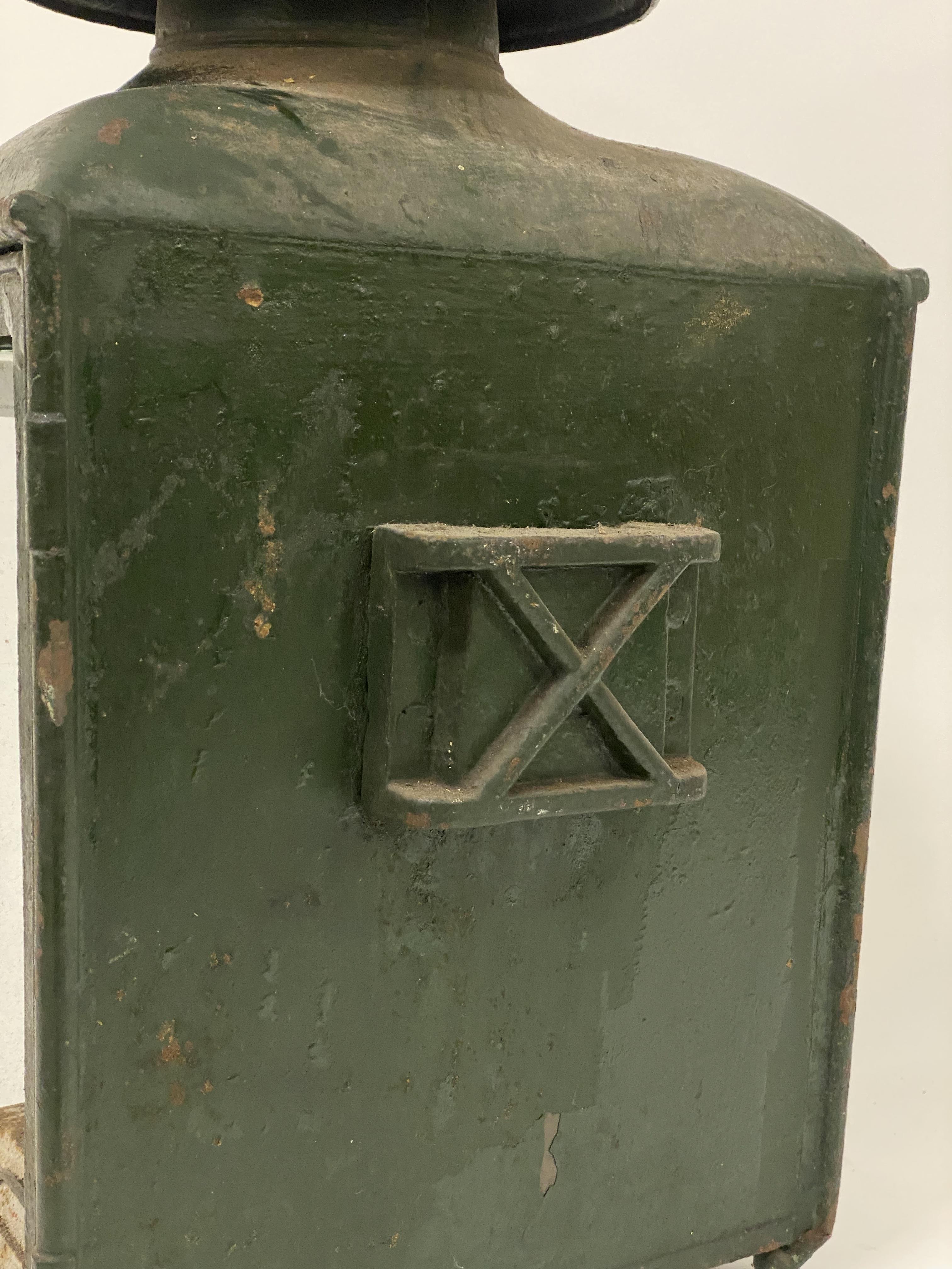 A 19th century green painted station wall lantern, bearing Pitter & Sons metal label, fiinial on - Image 2 of 4