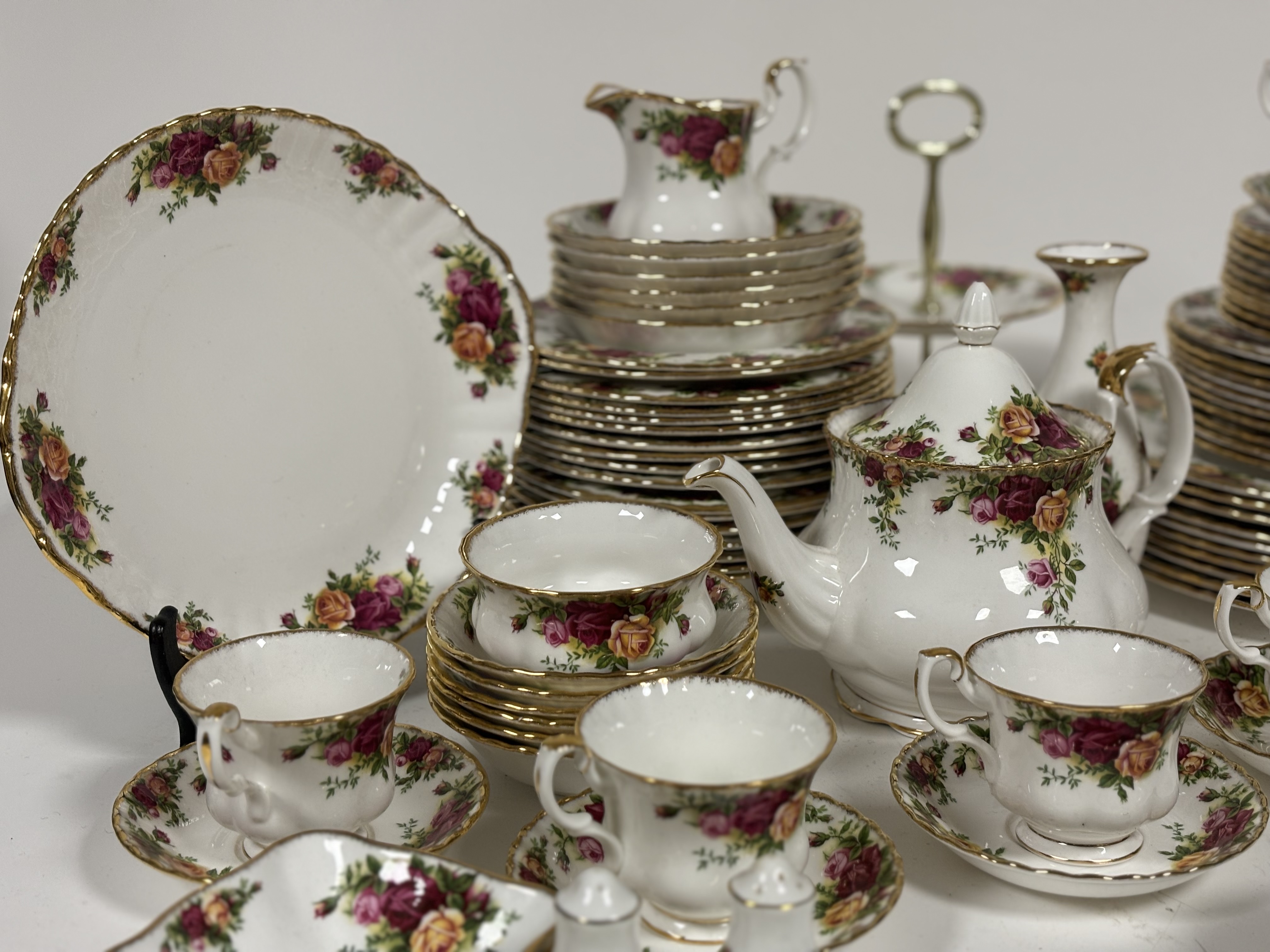 A Large Royal Albert Old Country Roses dinner/tea service comprising, a two-tier cake stand (h-25. - Image 3 of 4