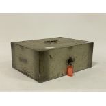 A vintage painted steel strong box with carry handle and key. W40cm.