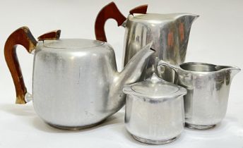 A Newmaid (early Picquot Ware) aluminium and sycamore part tea and coffee set comprising a teapot,