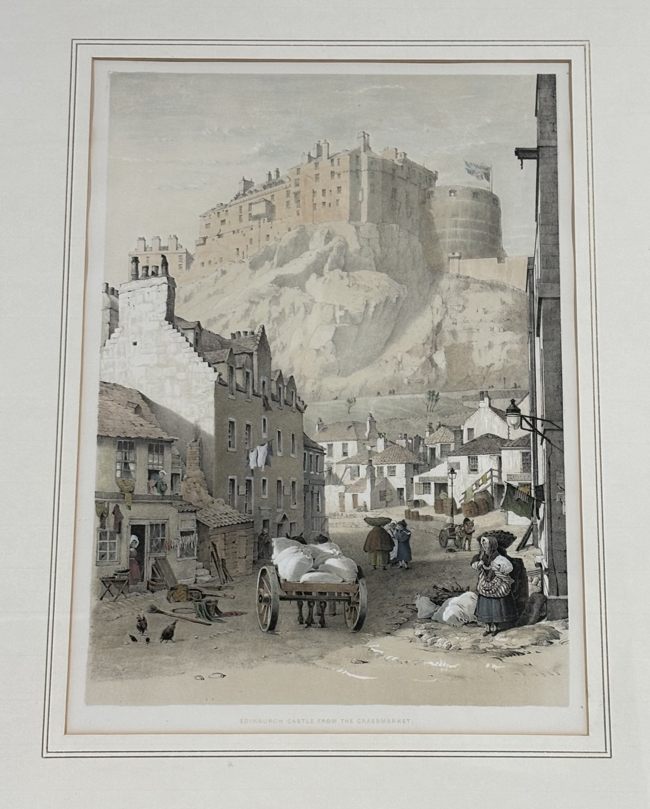 Unknown Artist, "Edinburgh Castle from the Grassmarket, coloured etching, titled bellow, framed. (