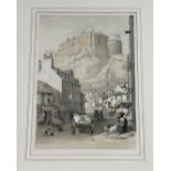 Unknown Artist, "Edinburgh Castle from the Grassmarket, coloured etching, titled bellow, framed. (