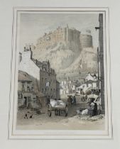 Unknown Artist, "Edinburgh Castle from the Grassmarket, coloured etching, titled bellow, framed. (