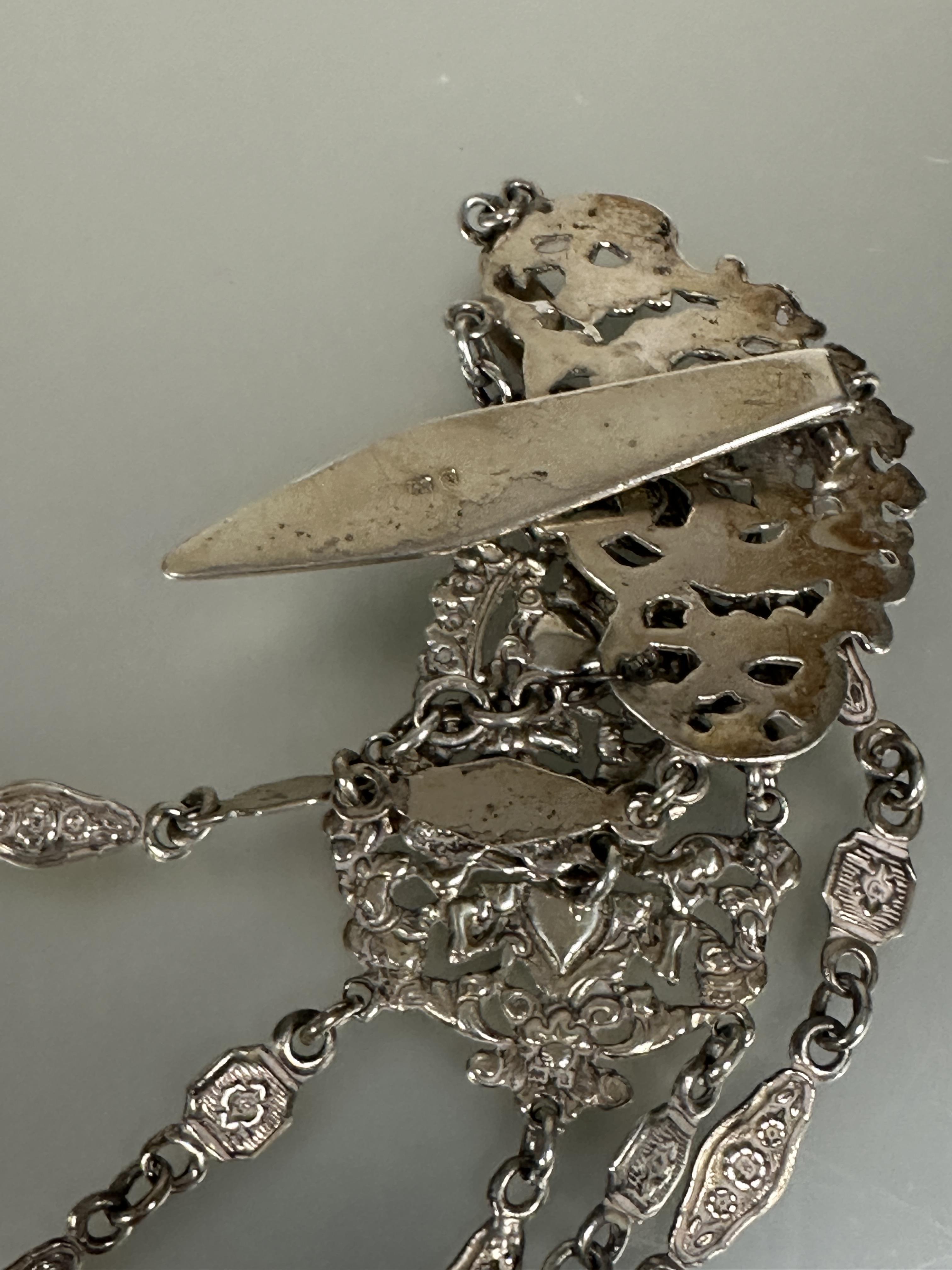 A Edwardian Birmingham silver Chatelaine the pierced top with cherubs above two panels with heart - Image 5 of 5