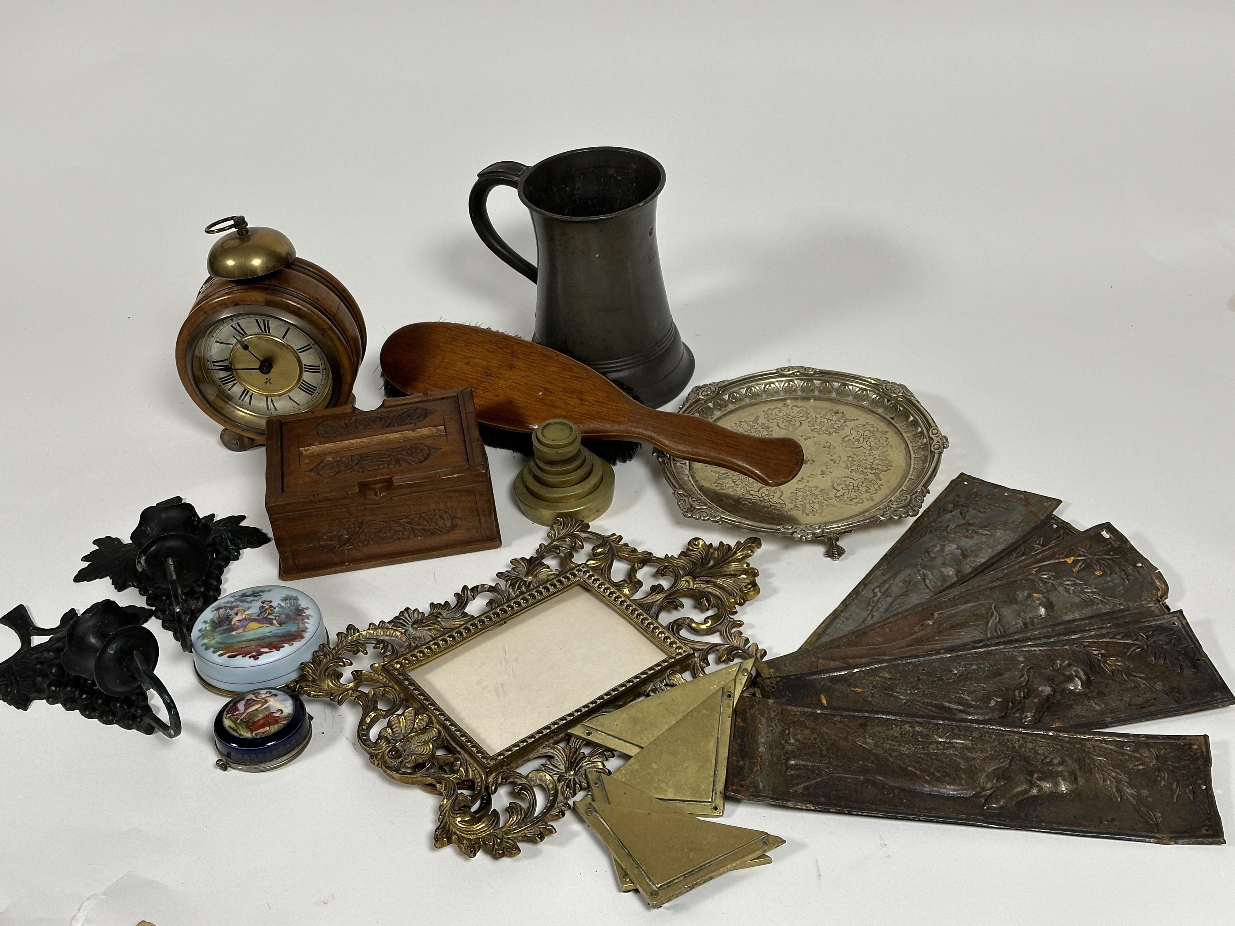 A collection of treen, brass and plated items to include, a pewter quart tankard, four brass blotter