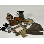 A collection of treen, brass and plated items to include, a pewter quart tankard, four brass blotter