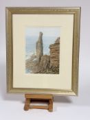 Ken Ferguson (Scottish 20thc), "Old Man of Hoy", watercolour, exhibition label verso, signed and
