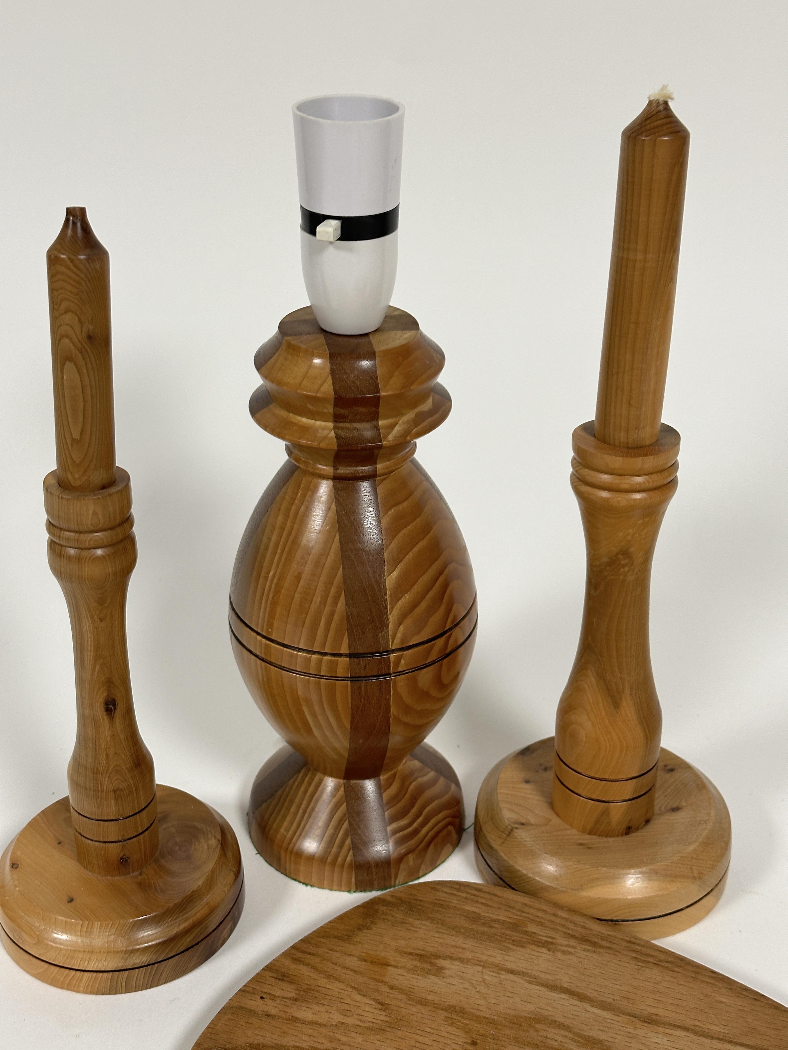 A collection of treen ware to include two pine turned wood candlesticks with wooden candles H x 30 - Image 4 of 4