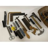 Vintage tools, a collection of vintage hand tools to include; a rasp, hammers, tenon saw, adjustable