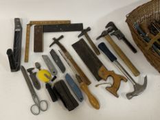 Vintage tools, a collection of vintage hand tools to include; a rasp, hammers, tenon saw, adjustable