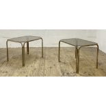 A pair of Vintage 1980's gilt metal and smoked glass coffee or end tables. H52cm, 68cm x 53cm.