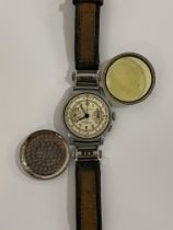 A Vintage gents Chronograph stainless steel cased wrist watch, the gilt dial with Arabic chapter