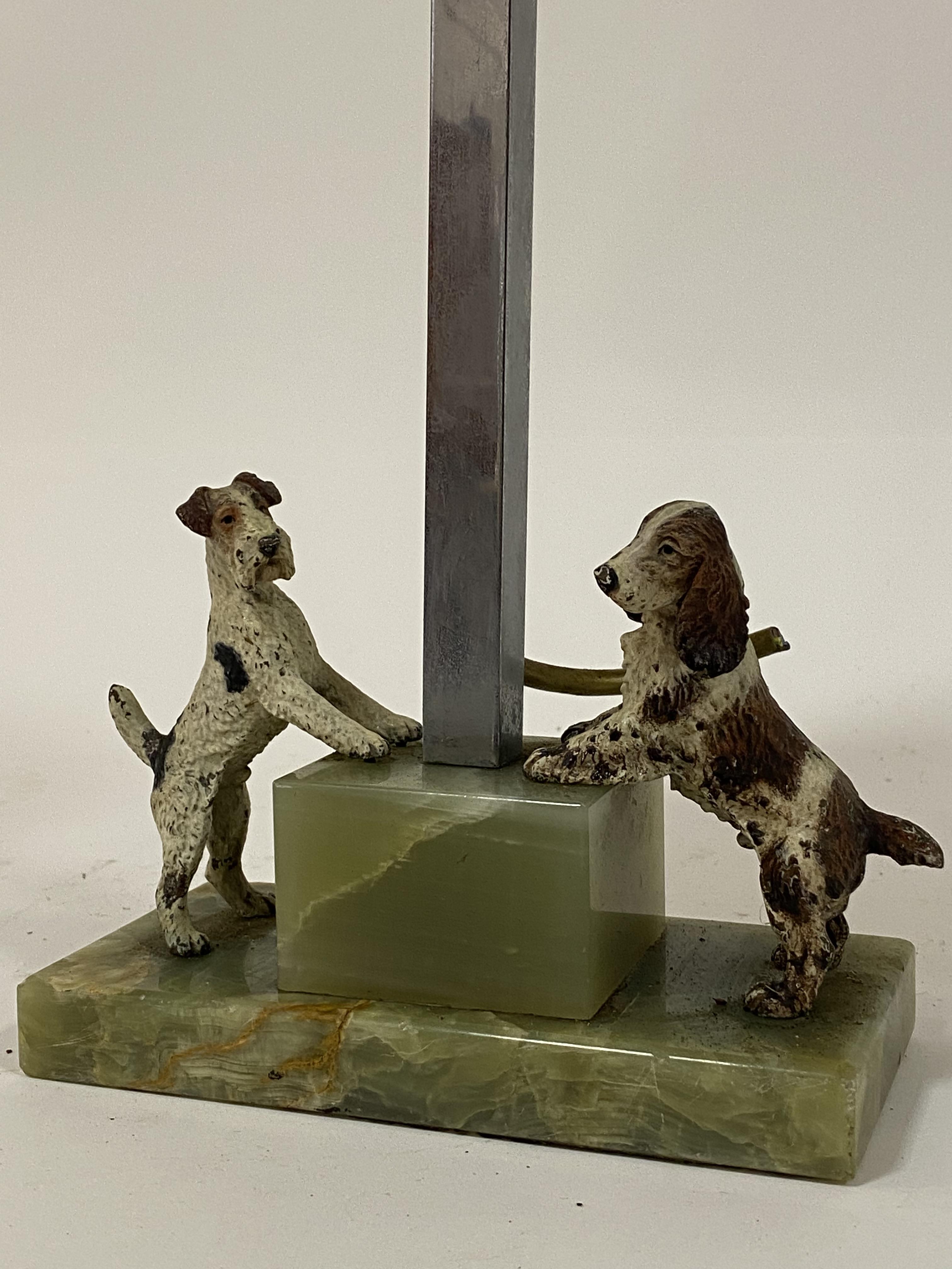 A 1930s Art Decco lamp base, with square chrome Colum on stepped onyx base mounted with a terrier - Image 2 of 2