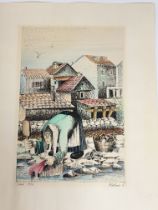 Signed indistinctly, A woman washing clothes in a river with houses to background, pen on paper,