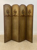 A Victorian three fold painted leather room divider, each panel decorated with urns issuing a