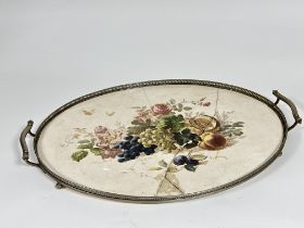 A Edwardian Epns oval pierced gallery two handled tea tray with ceramic inset oval panel depicting