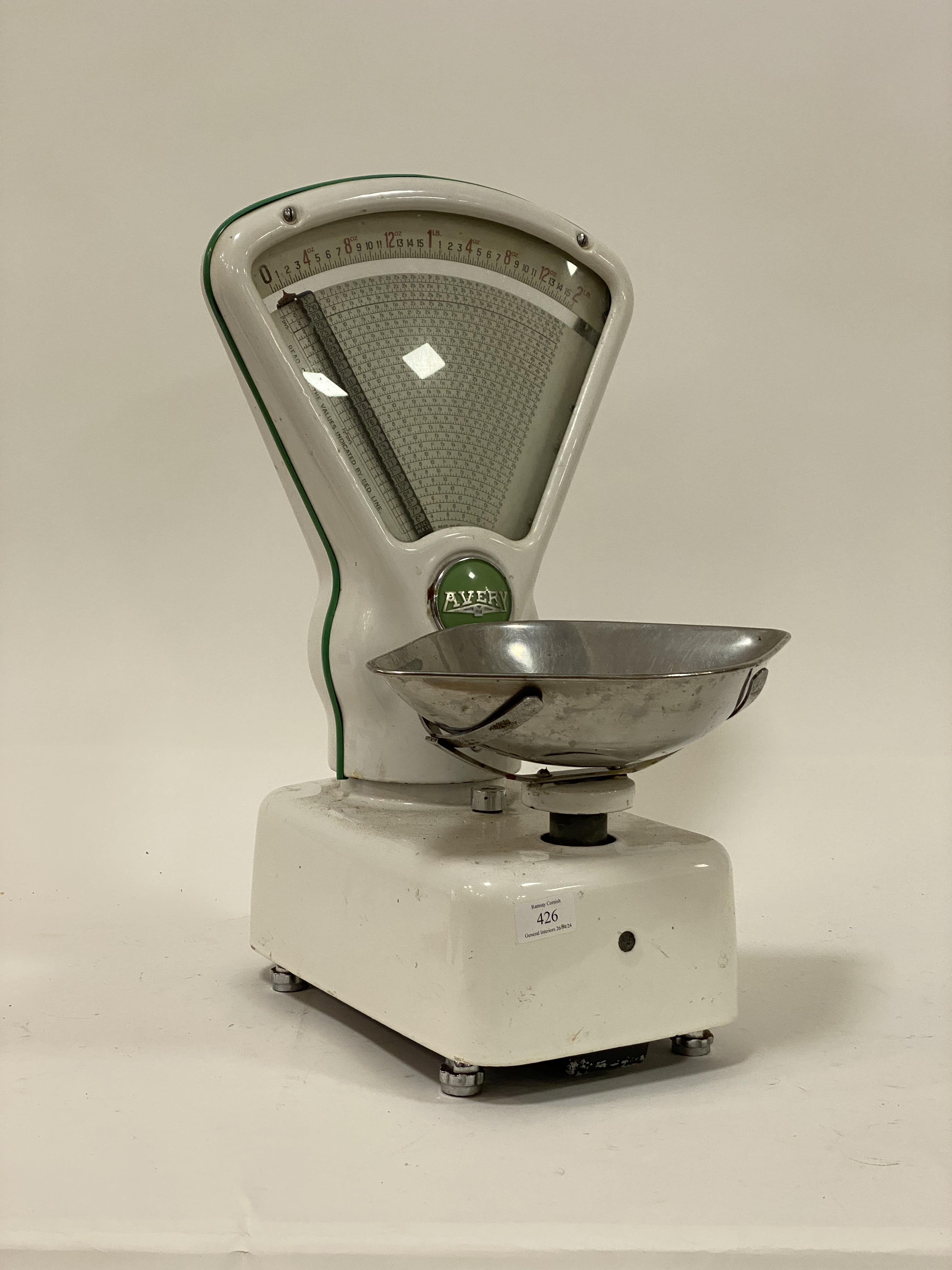 A Vintage set of shop scales, circa 1960's, white enamelled cast iron with makers badge to each - Image 2 of 2