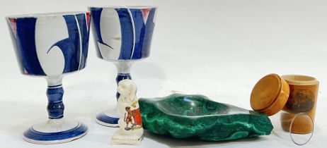 A mixed lot comprising a pair of Edgar Campden Aldermaston tine glazed earthenware goblets (marked